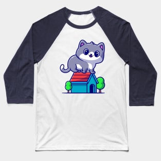 Cute Cat Sitting On House Cartoon Baseball T-Shirt